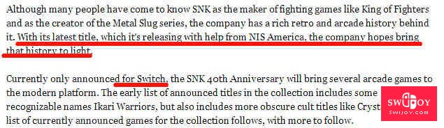 SNK40周年之际 将在Switch推出拳皇等经典游戏